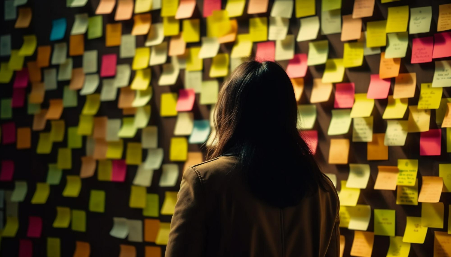 women creating marketing plan with notes on her wall